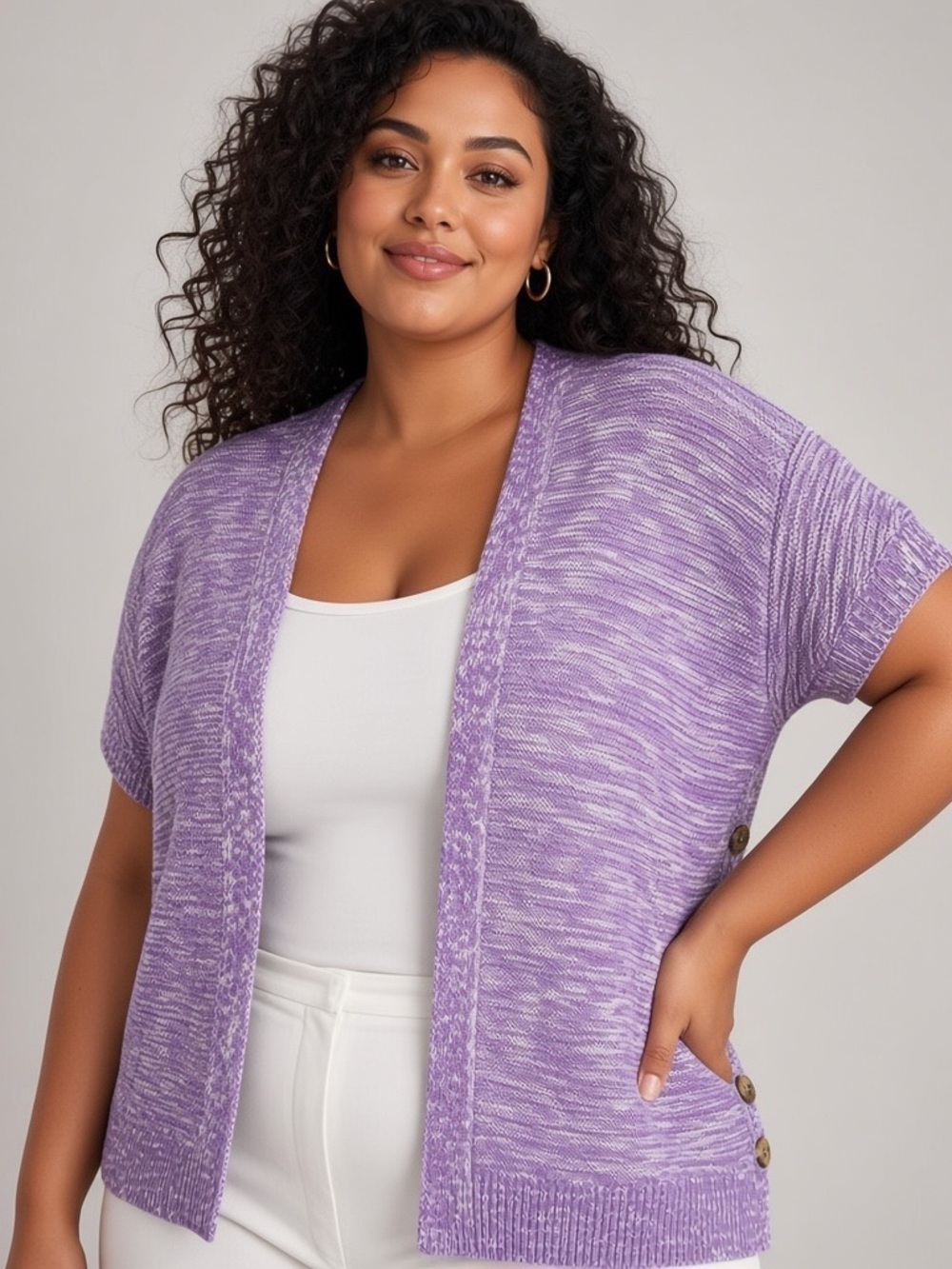 Lane Bryant Womens 22/24 Purple Marled Knit Open Front Short Sleeve Cardigan